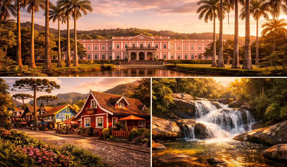 Montagem turística com paisagens serranas do interior do Rio de Janeiro, incluindo Visconde de Mauá