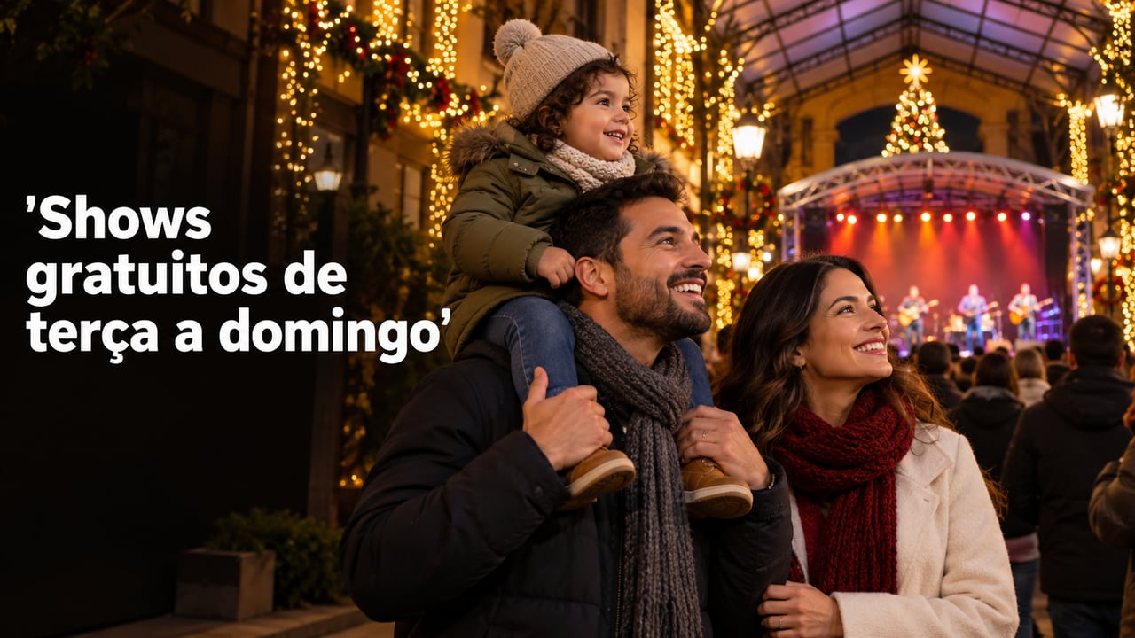 O Palco Rua Coberta recebe shows gratuitos de terça a domingo durante o Natal Luz, até 17 de janeiro de 2027