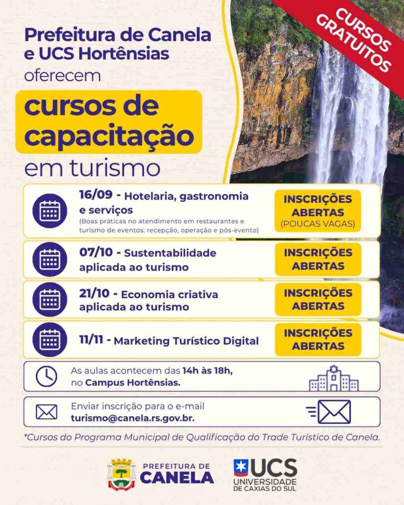 Canela abre inscrições para novos cursos gratuitos voltados ao turismo